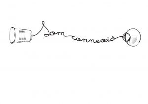 el primer logo, amb lletra lligada i il·lustrat. simula el joc dels pots de iogurt units per un cable